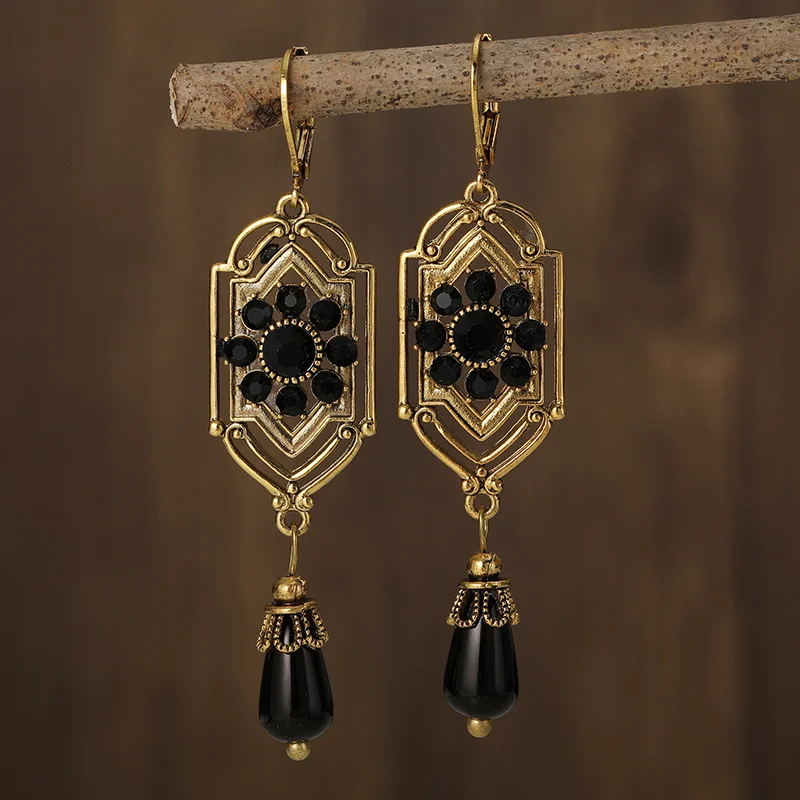Vintage Black Crystal Adorned Hanging Earrings