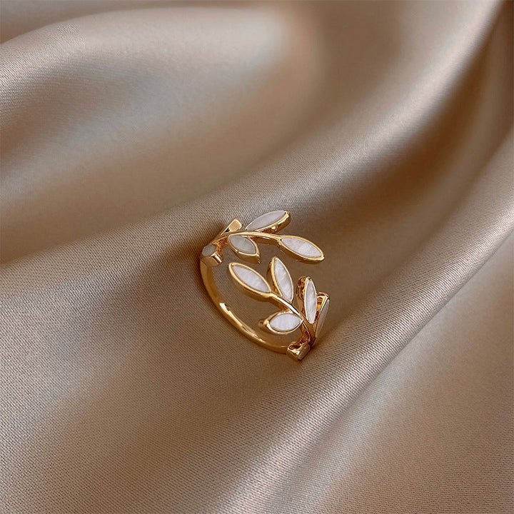 Adjustable Gold Leaf Ring Featuring White Opal